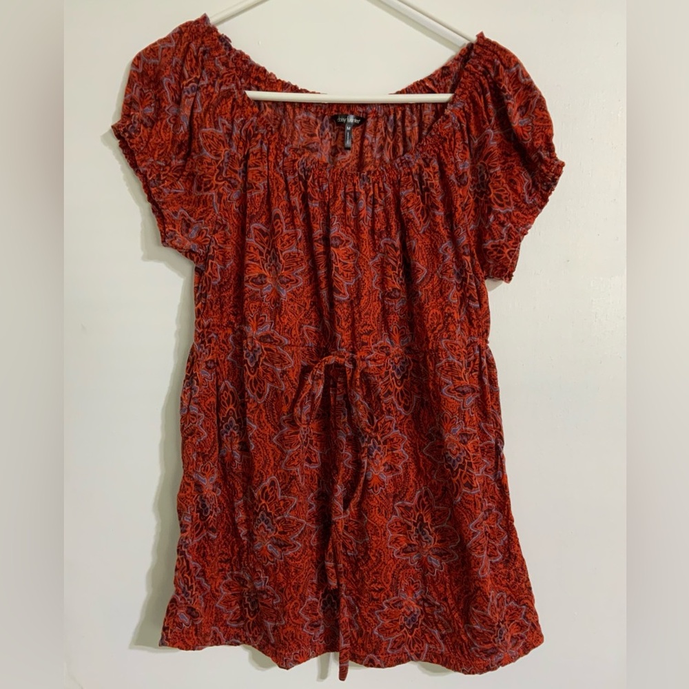 Floral Red Women's Top with empire drawstring waist